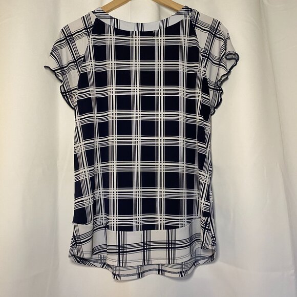 Diana Belle Black White Plaid Womens L Tie Neck Short Flutter Sleeve Blouse EUC - Picture 2 of 8